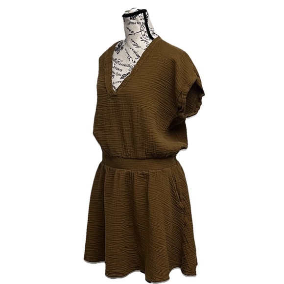 Lou & Grey Triple Cloth Gauze Mini Dress S Brown Coastal Beach Granola Girl - Picture 3 of 10